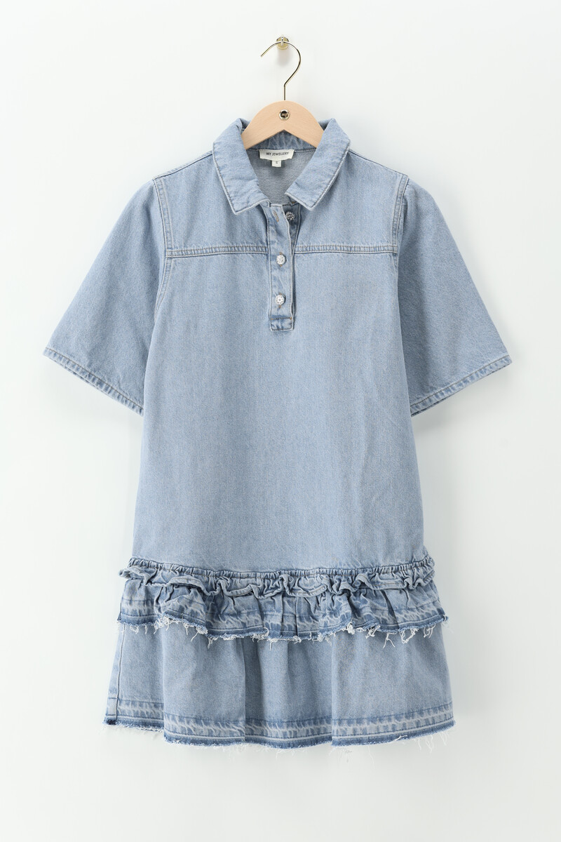 Blue denim dress with short sleeves and ruffles | My Jewellery