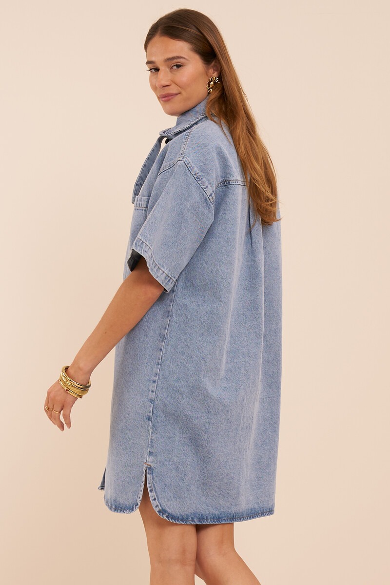 Blue denim dress with short sleeves and scarf | My Jewellery