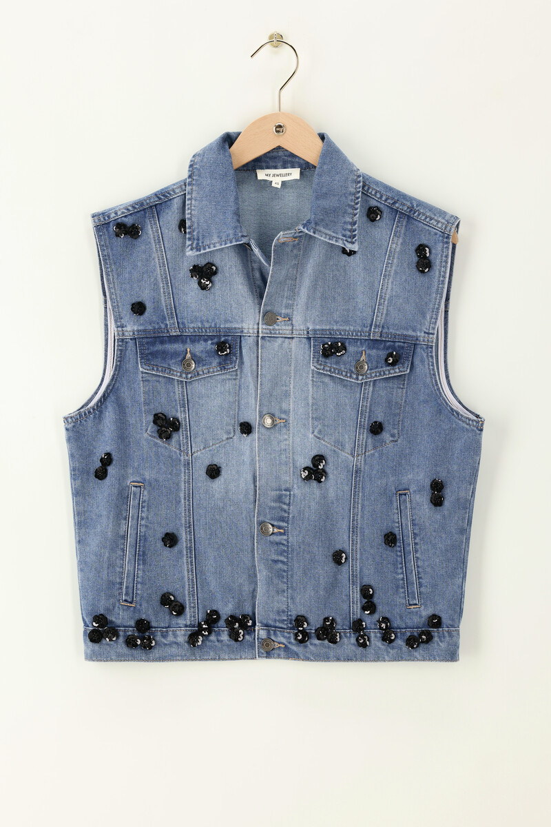 Blauw denim gilet met bloemen pailletten