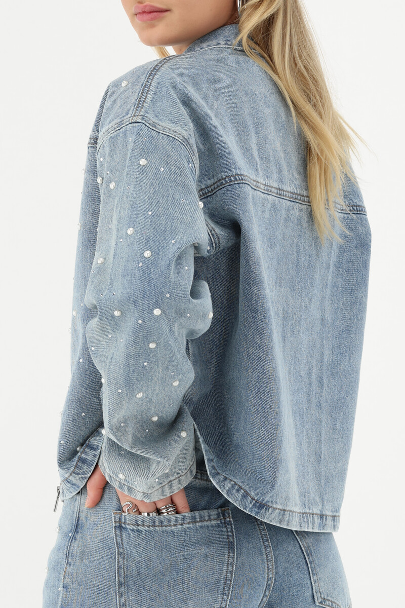 Blue denim jacket with faux pearls and rhinestones | My Jewellery