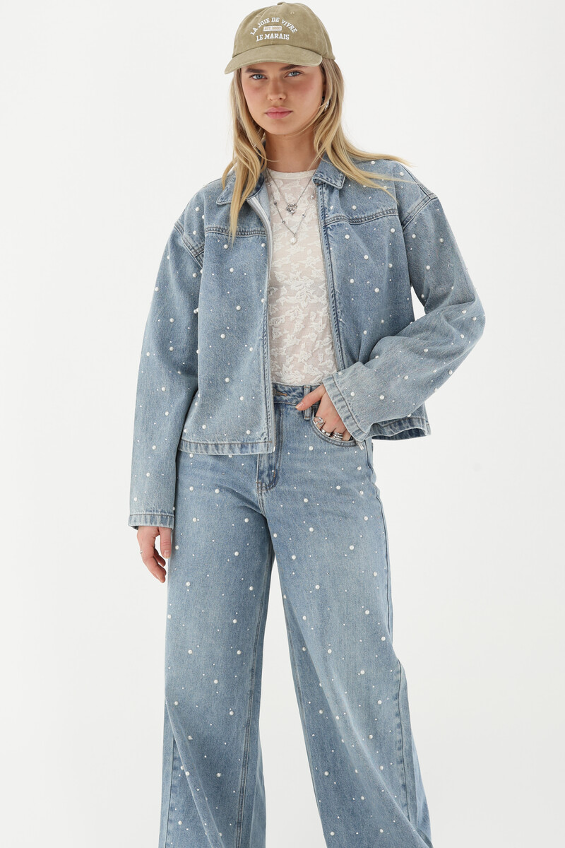Blue denim jacket with faux pearls and rhinestones | My Jewellery