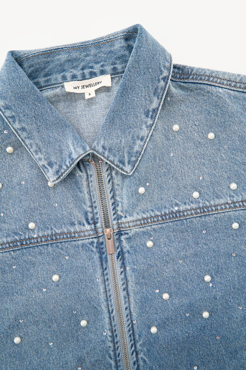 Blue denim jacket with faux pearls and rhinestones | My Jewellery