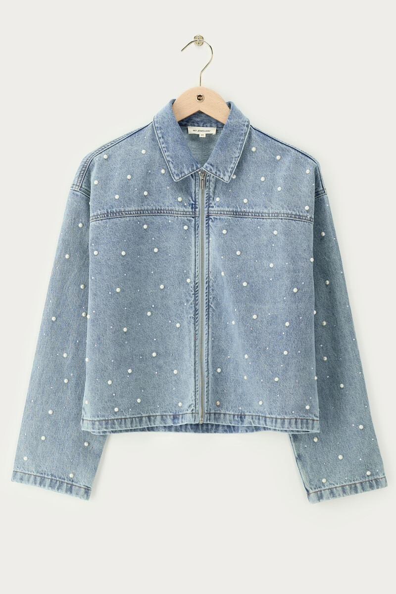 Blue denim jacket with faux pearls and rhinestones | My Jewellery