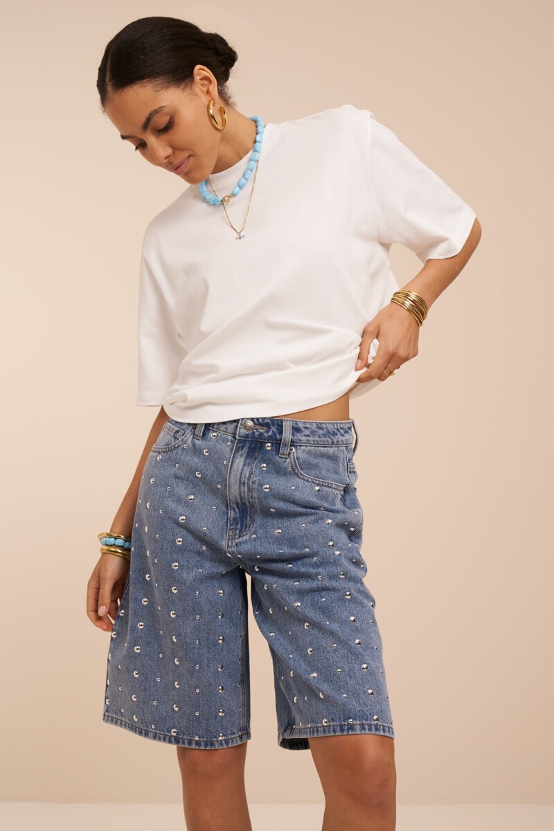 Blue denim jorts with studs | My Jewellery