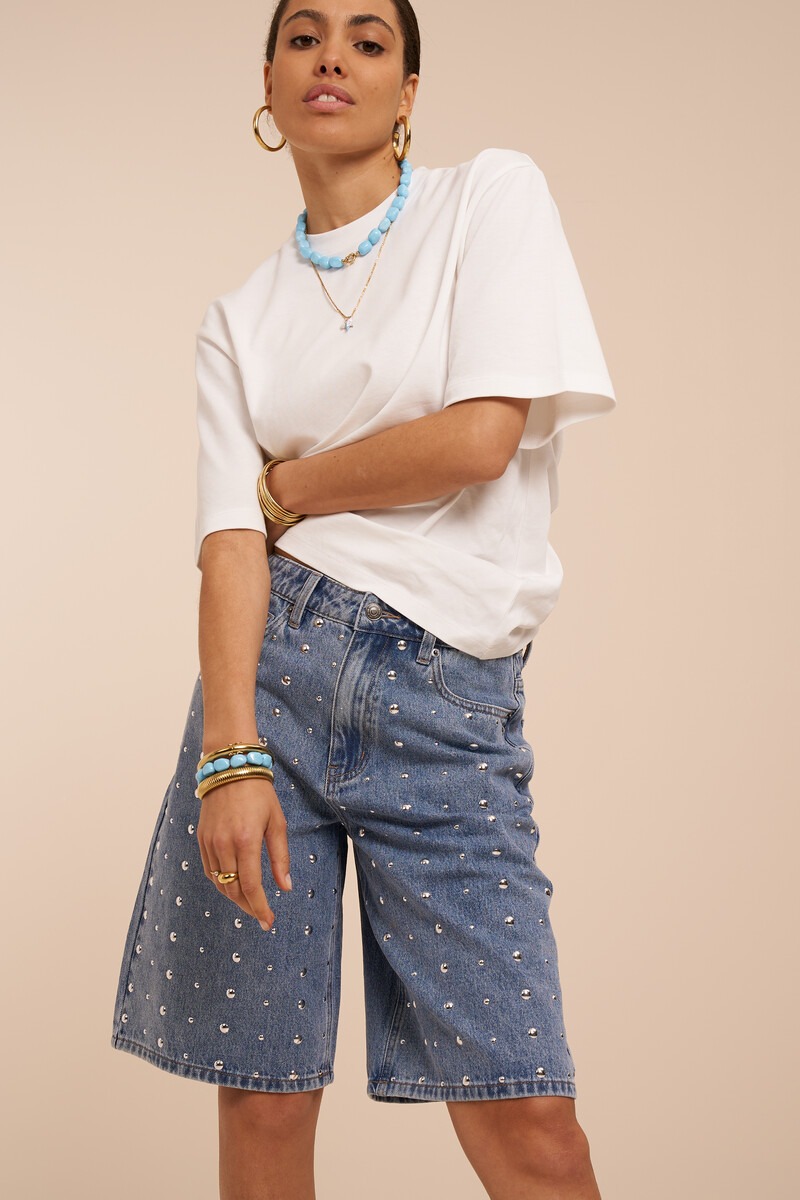 Blue denim jorts with studs | My Jewellery