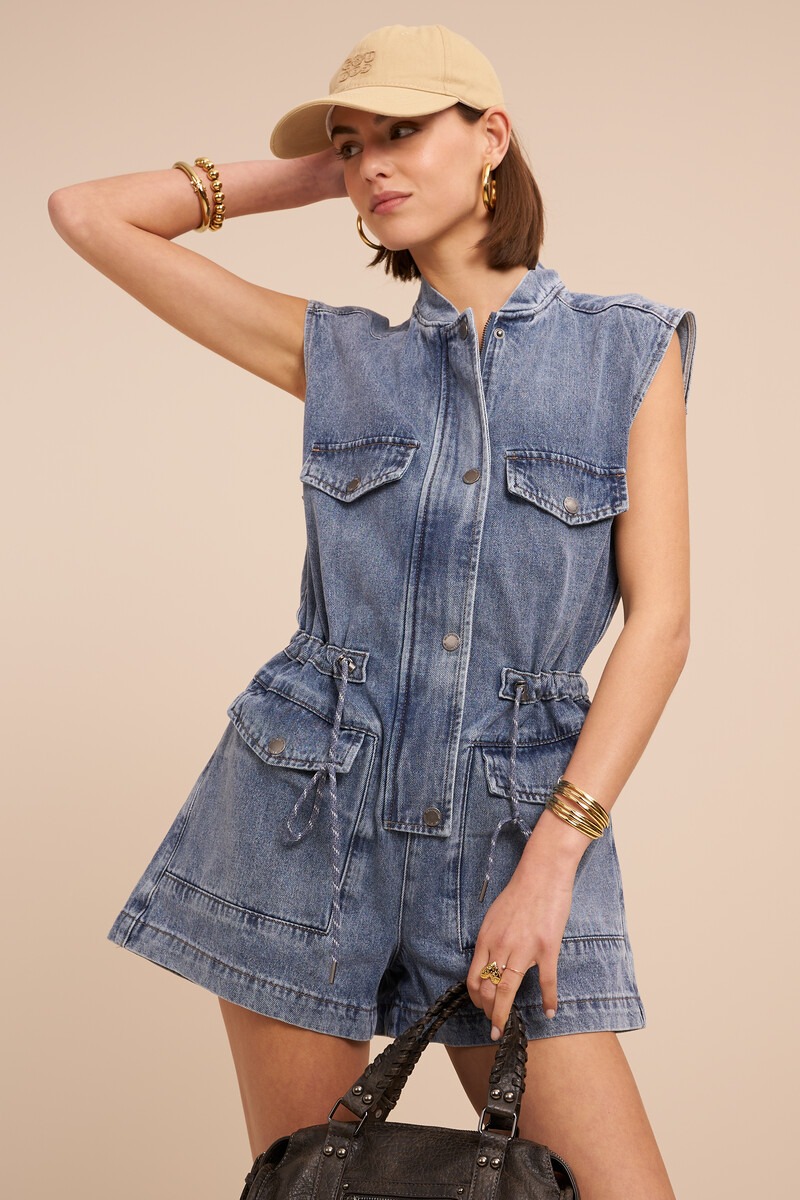 Blue denim playsuit with drawstring details |My Jewellery