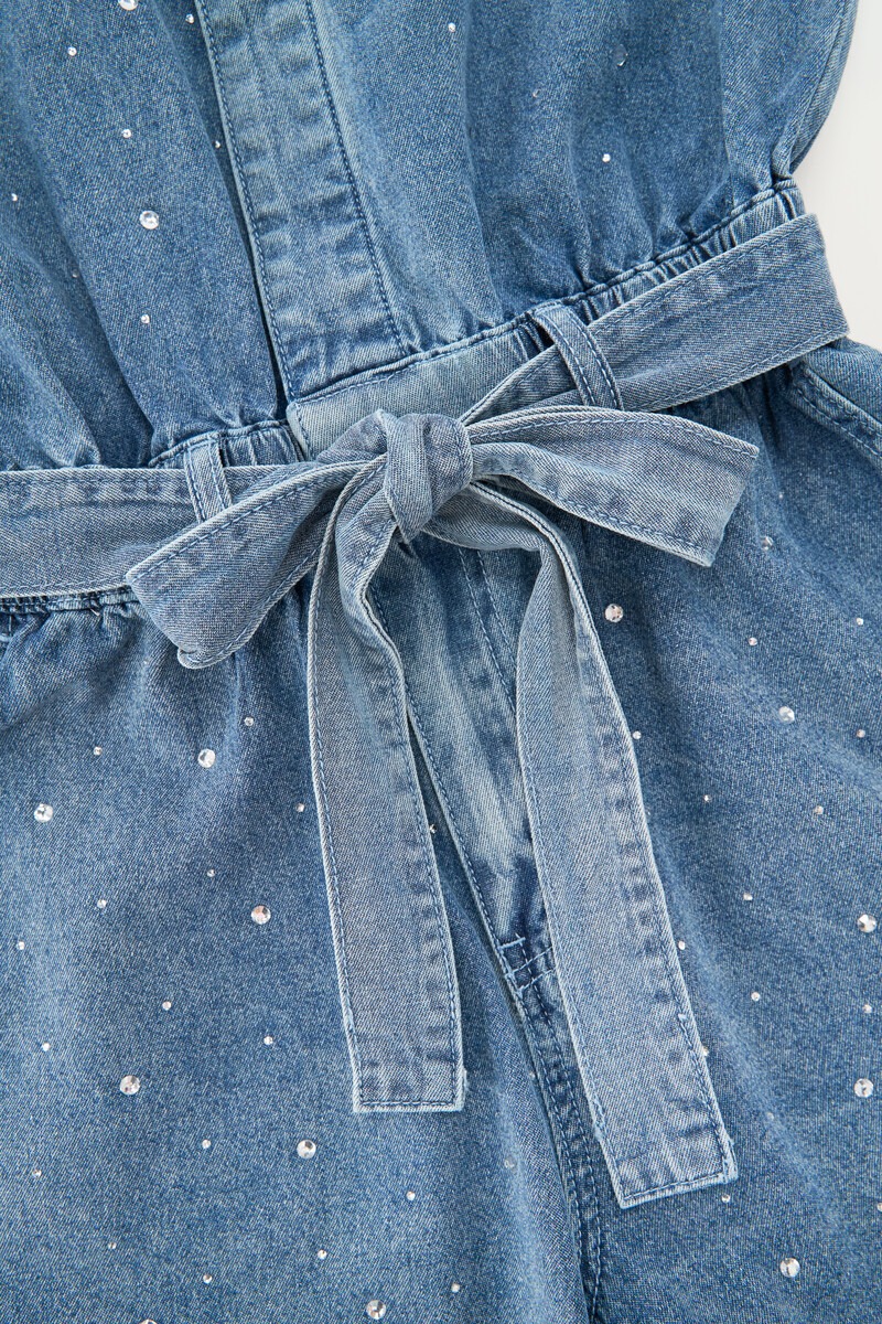 Blue denim playsuit with rhinestone details | My Jewellery