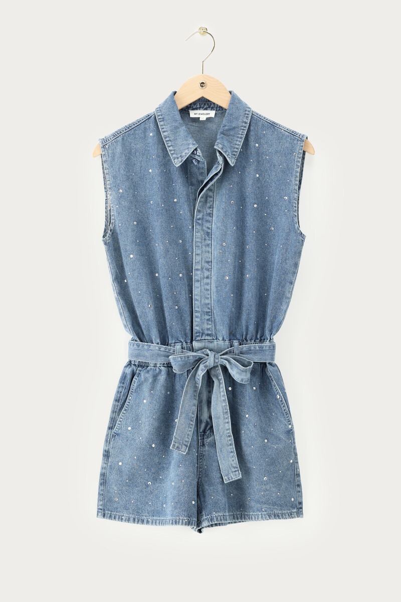 Blue denim playsuit with rhinestone details | My Jewellery
