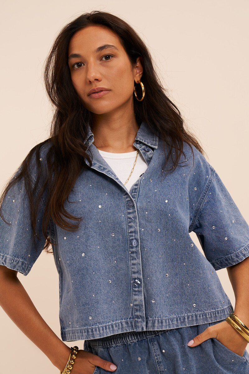 Blue denim short blouse with rhinestone details | My Jewellery