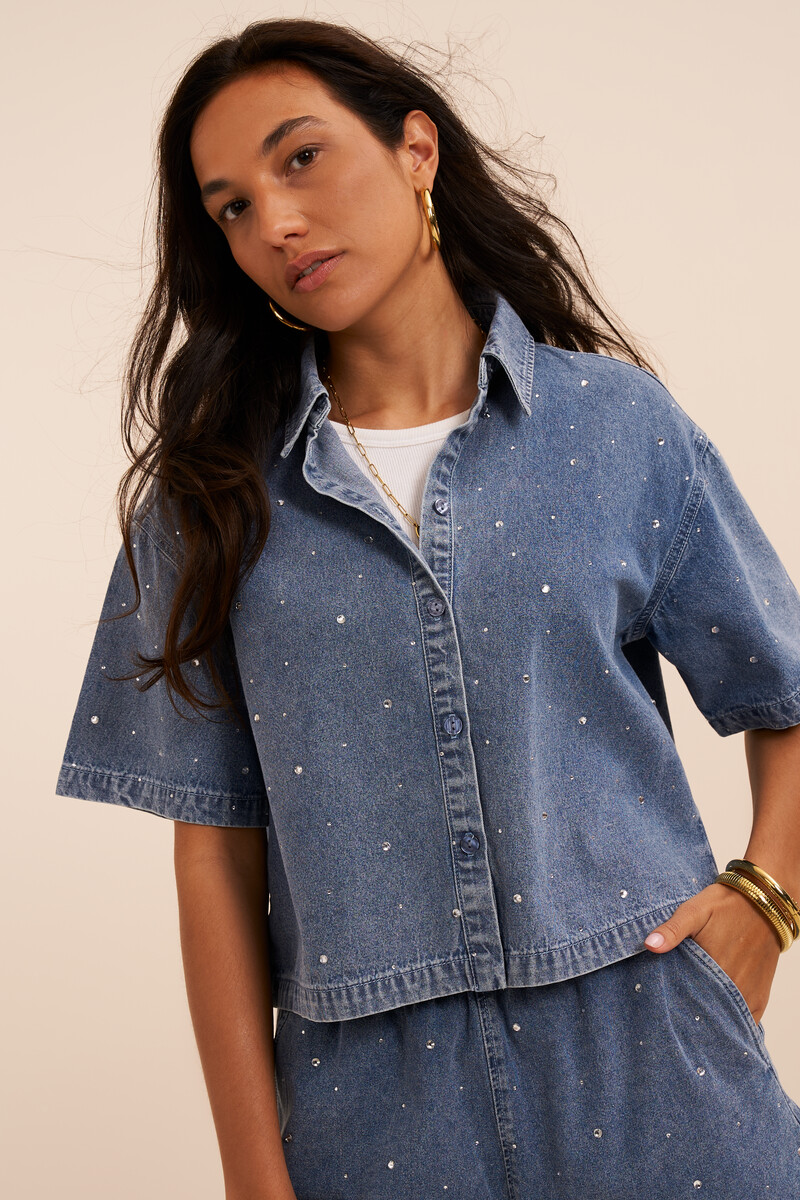 Blue denim short blouse with rhinestone details | My Jewellery