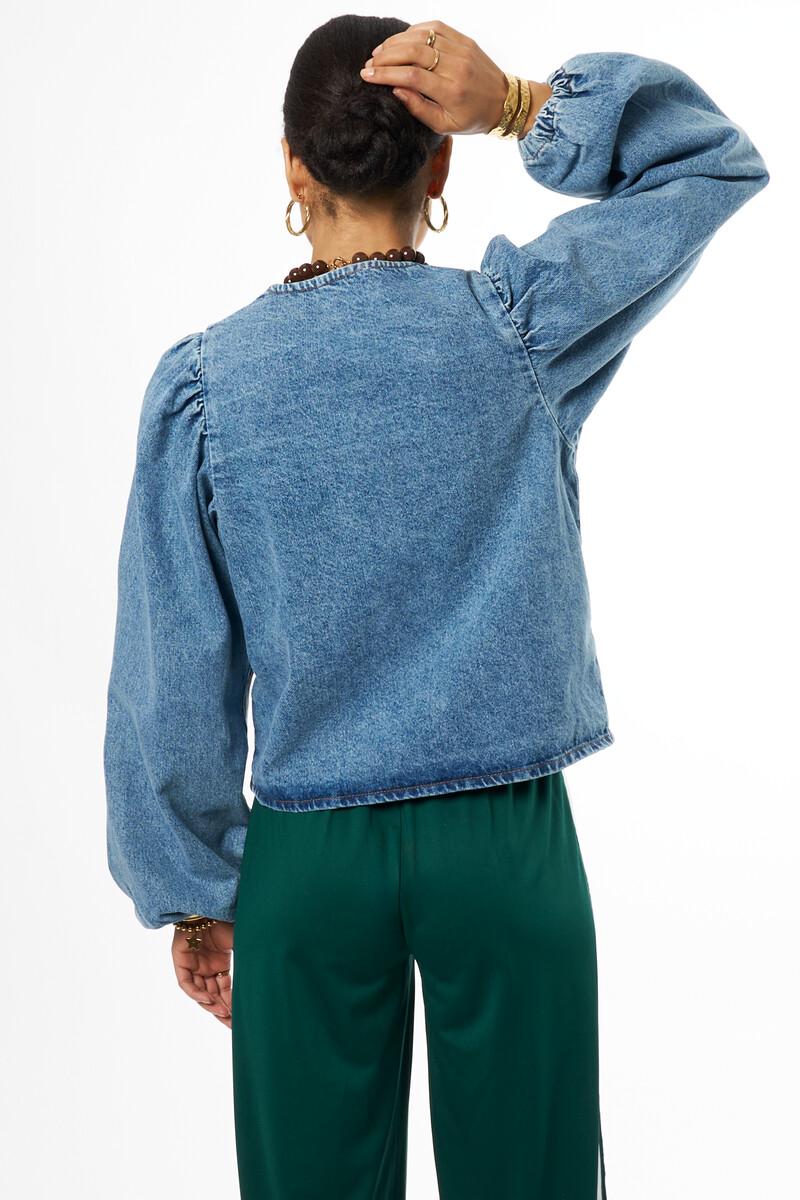 Blue denim top with balloon sleeves | My Jewellery