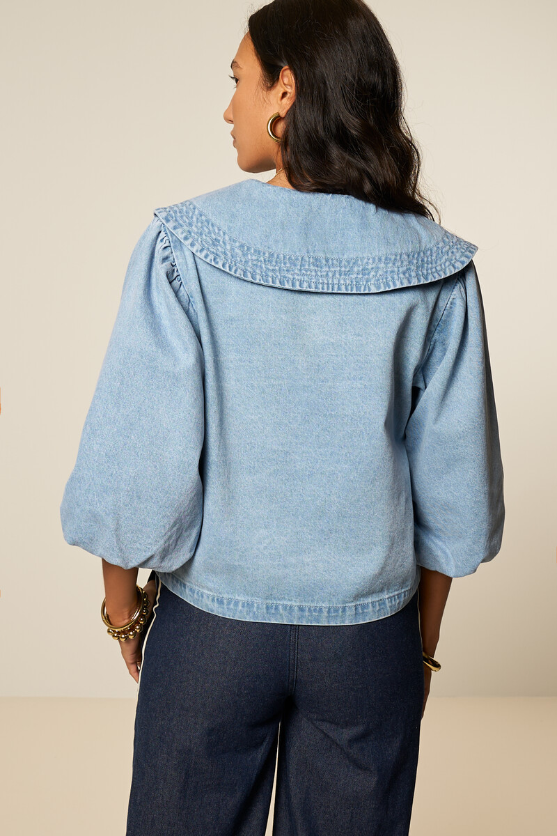 Blue denim top with short puff sleeves and collar | My Jewellery