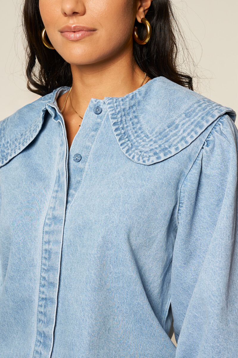 Blue denim top with short puff sleeves and collar | My Jewellery
