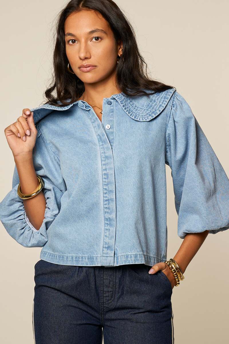 Blue denim top with short puff sleeves and collar | My Jewellery