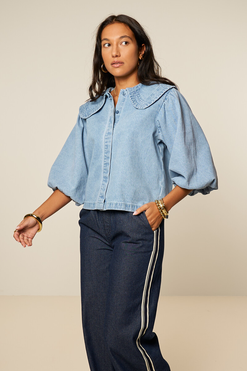 Blue denim top with short puff sleeves and collar | My Jewellery