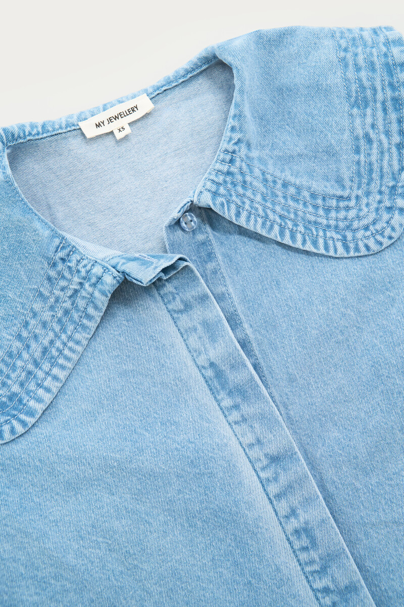 Blue denim top with short puff sleeves and collar | My Jewellery