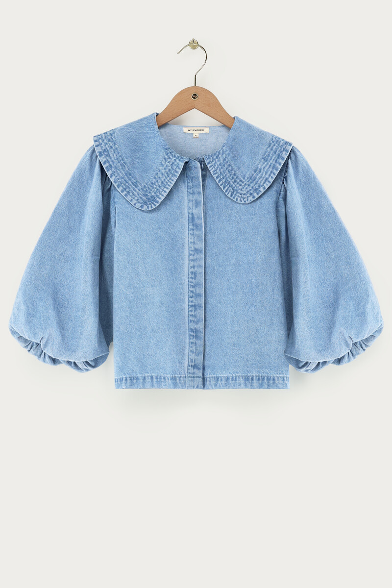 Blue denim top with short puff sleeves and collar | My Jewellery