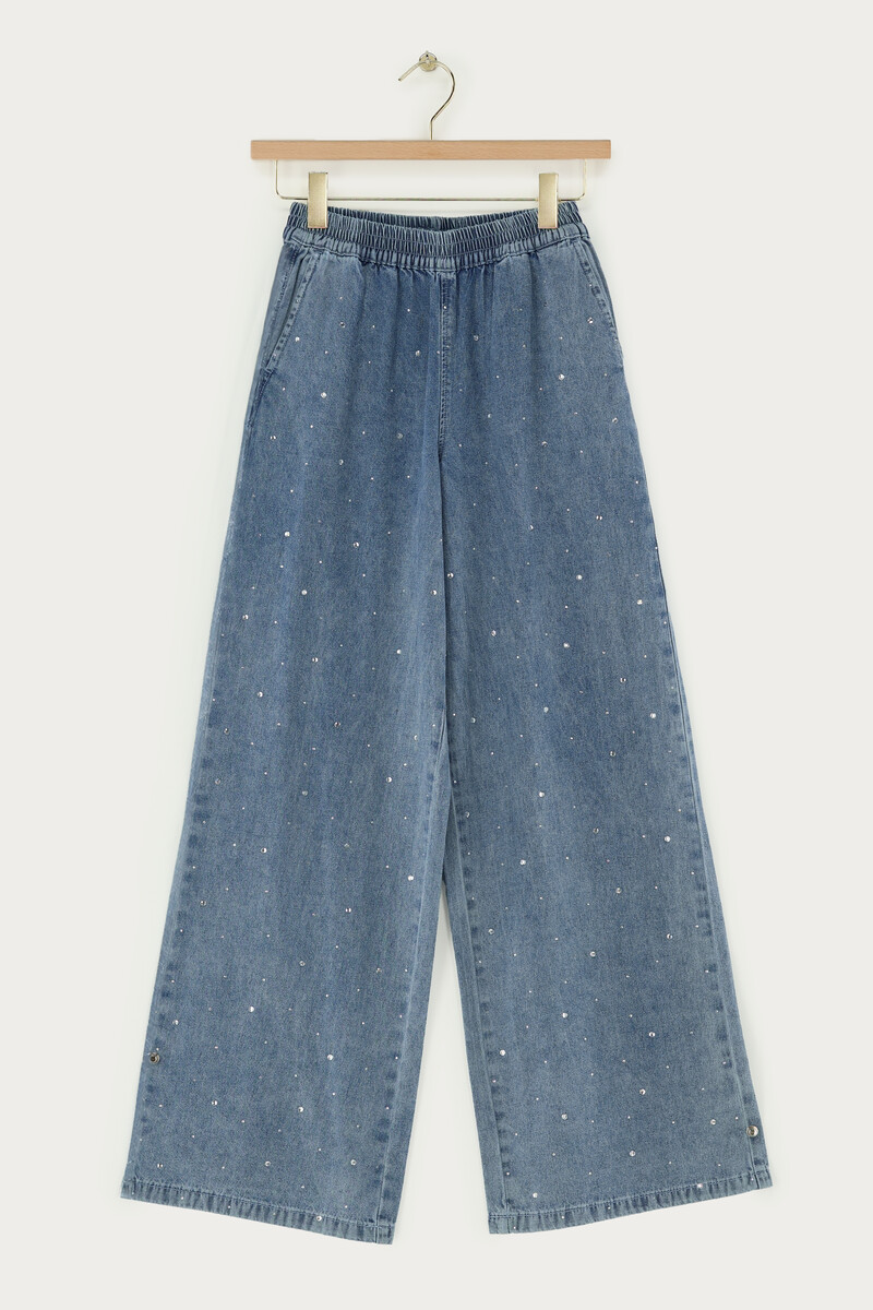 Blue denim wide pants with elastic band and rhinestones | My Jewellery