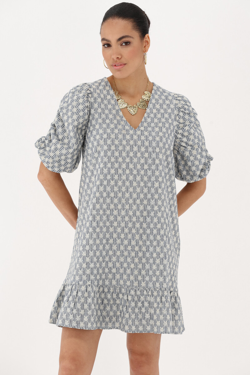 Blue dress with puff sleeves & embroidery details | My Jewellery