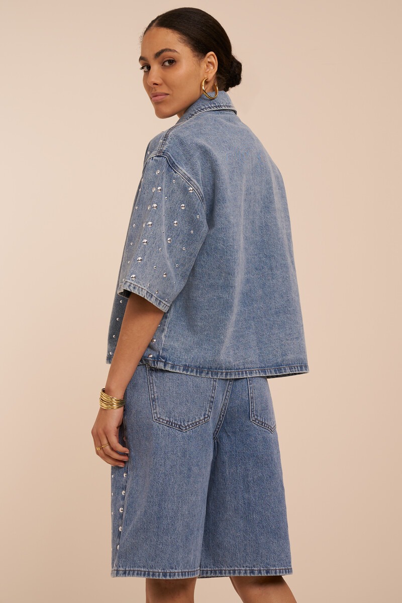 Blue oversized cropped denim blouse with studs | My Jewellery