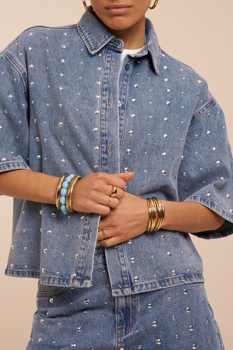 Blue oversized cropped denim blouse with studs | My Jewellery