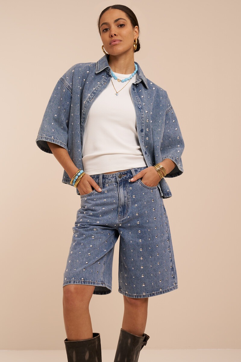Blue oversized cropped denim blouse with studs | My Jewellery