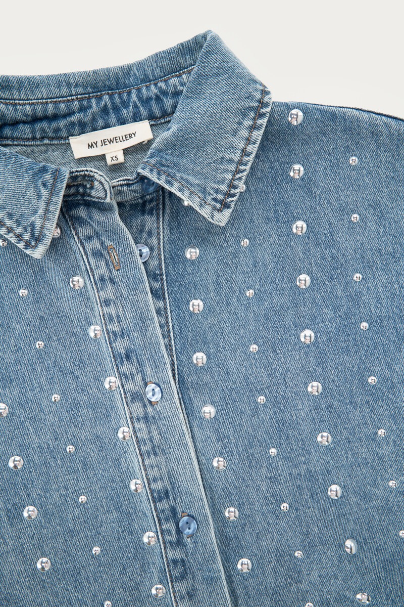 Blue oversized short denim blouse with studs