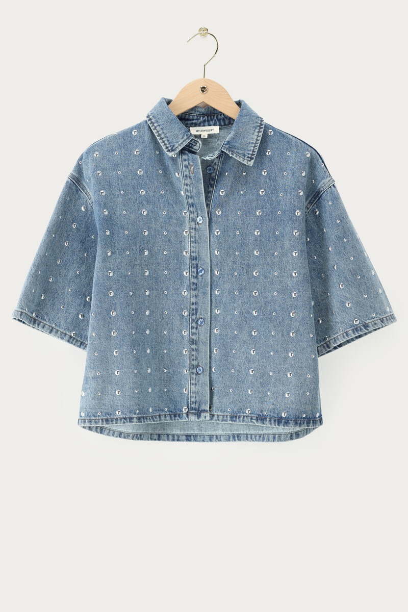 Blauwe oversized korte denim blouse met studs
