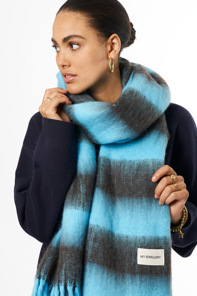 Blue scarf with brown stripes and fringe | My Jewellery