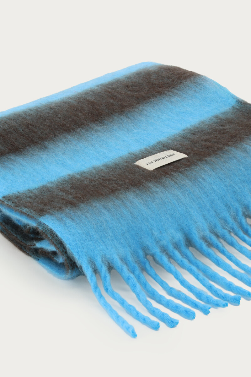 Blue scarf with brown stripes and fringe | My Jewellery