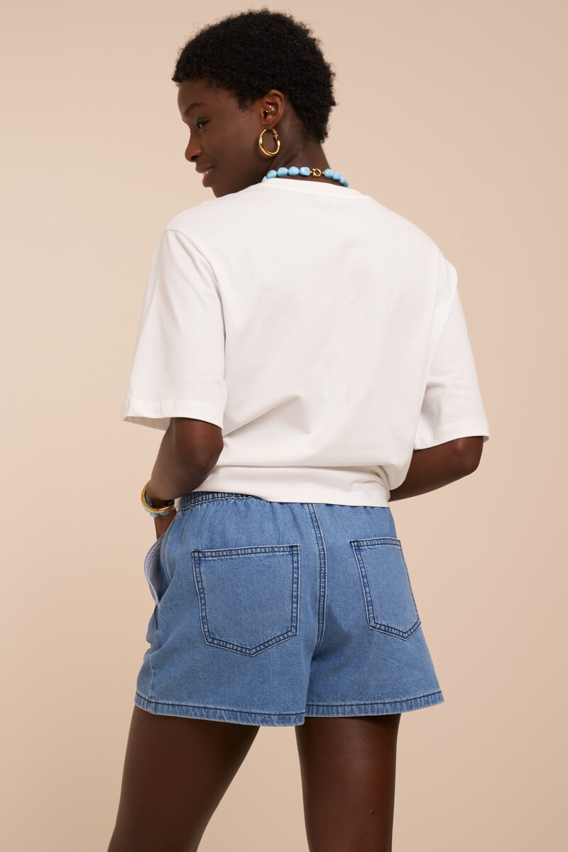 Blue shorts with rhinestone wave detail | My Jewellery