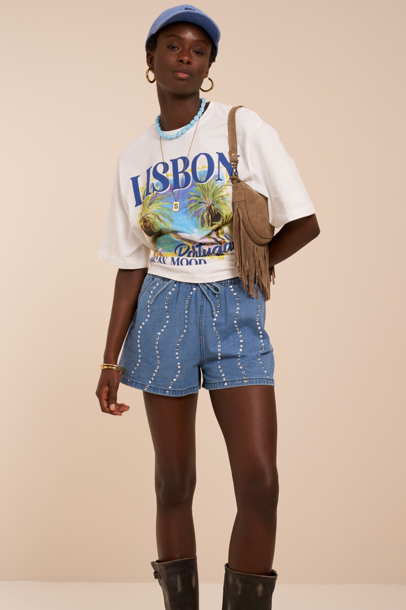 Blue shorts with rhinestone wave detail | My Jewellery