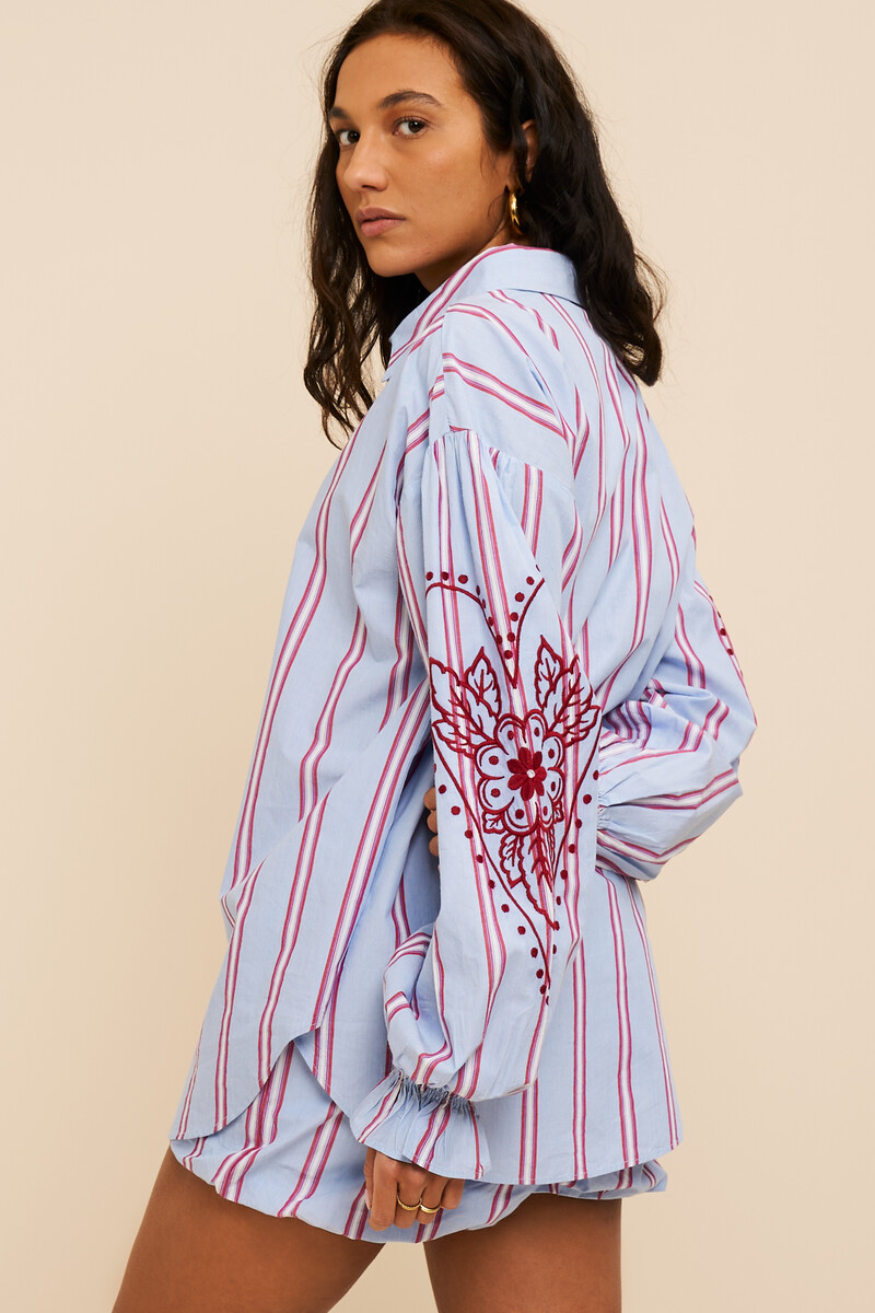 Blue striped blouse with embroidery on sleeves | My Jewellery