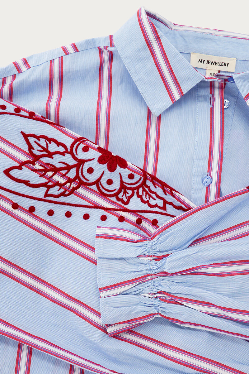 Blue striped blouse with embroidery on sleeves | My Jewellery