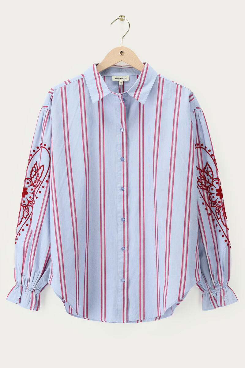 Blue striped blouse with embroidery on sleeves | My Jewellery