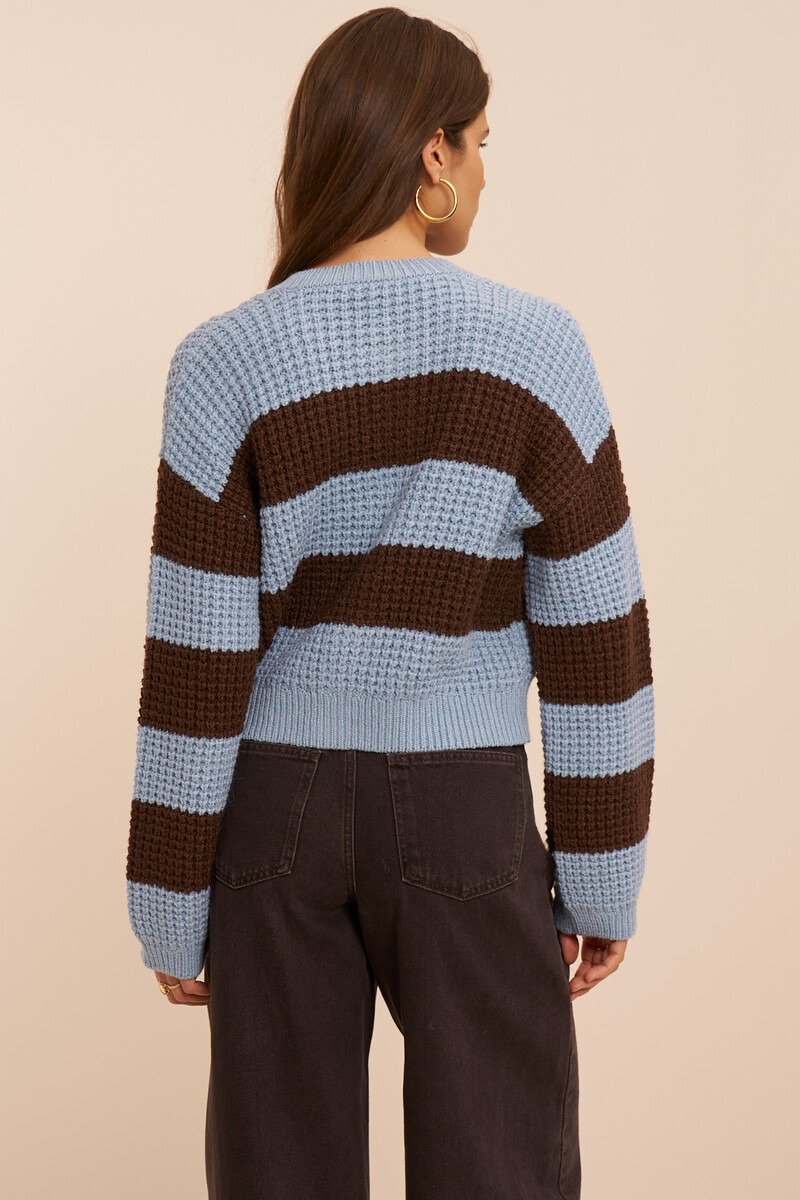 Blue striped cardigan with rhinestone buttons | My Jewellery