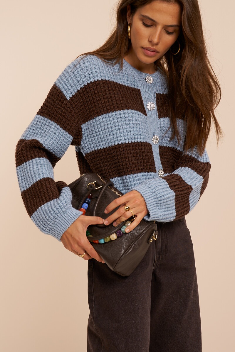 Blue striped cardigan with rhinestone buttons | My Jewellery