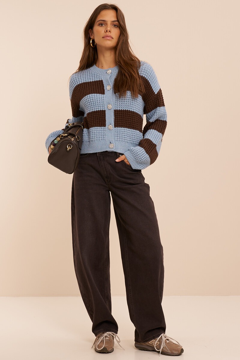 Blue striped cardigan with rhinestone buttons | My Jewellery