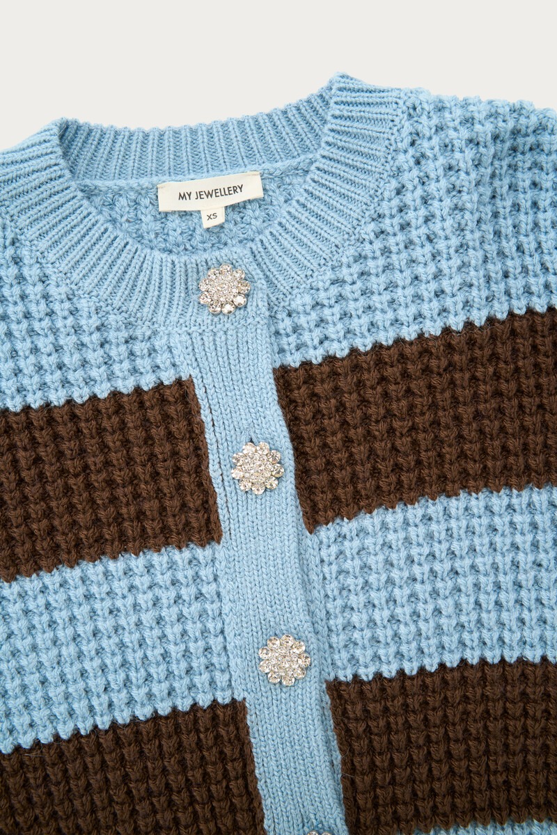 Blue striped cardigan with rhinestone buttons | My Jewellery