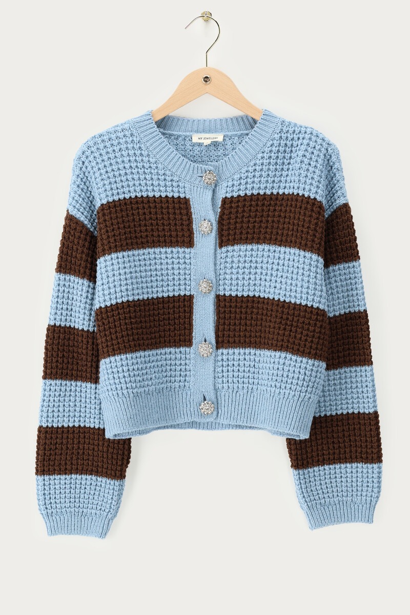 Blue striped cardigan with rhinestone buttons | My Jewellery