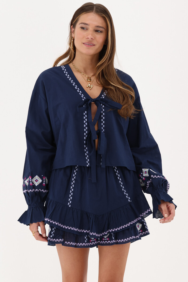 Blue top with bows & embroidery details | My Jewellery