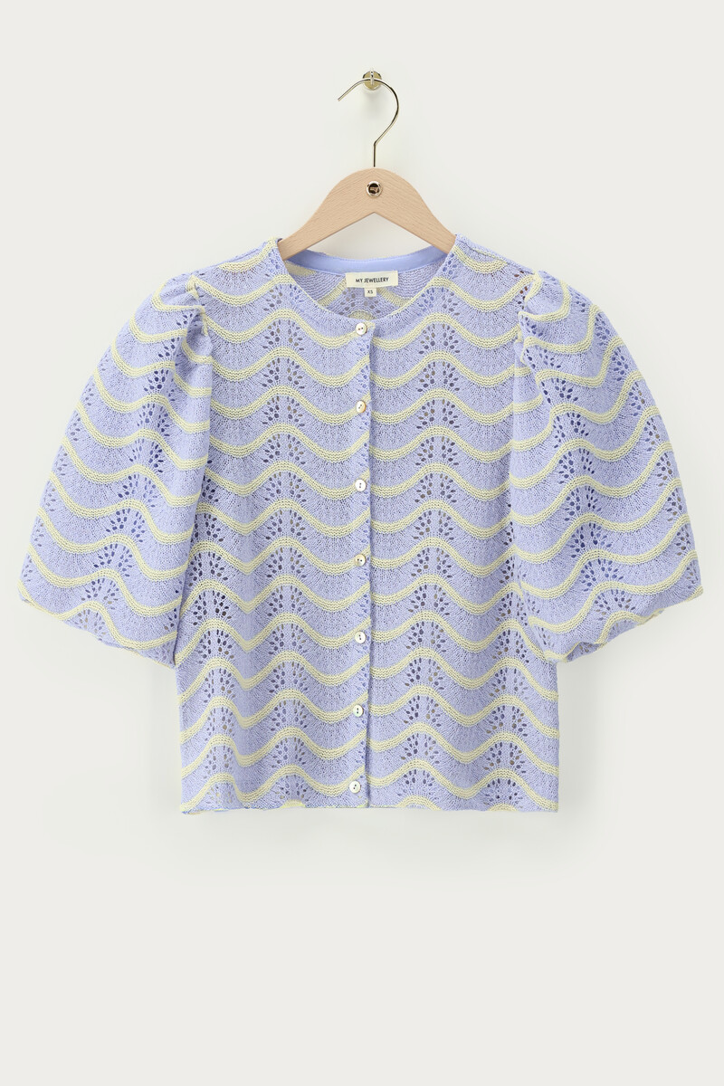 Blue top with print and mother-of-pearl buttons | My Jewellery