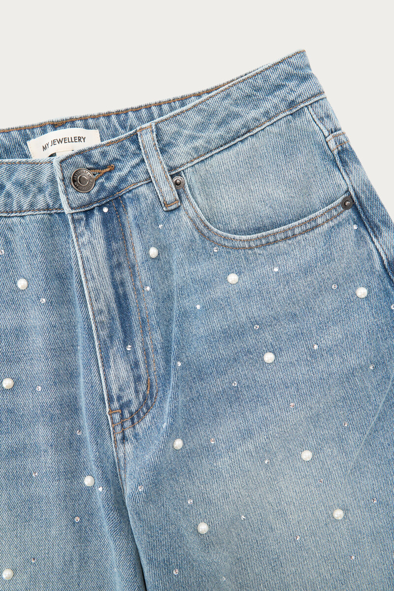 Blue wide leg jeans with faux pearls and rhinestones | My Jewellery