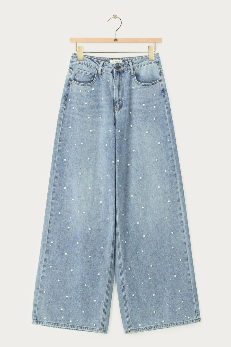 Blue wide leg jeans with faux pearls and rhinestones | My Jewellery