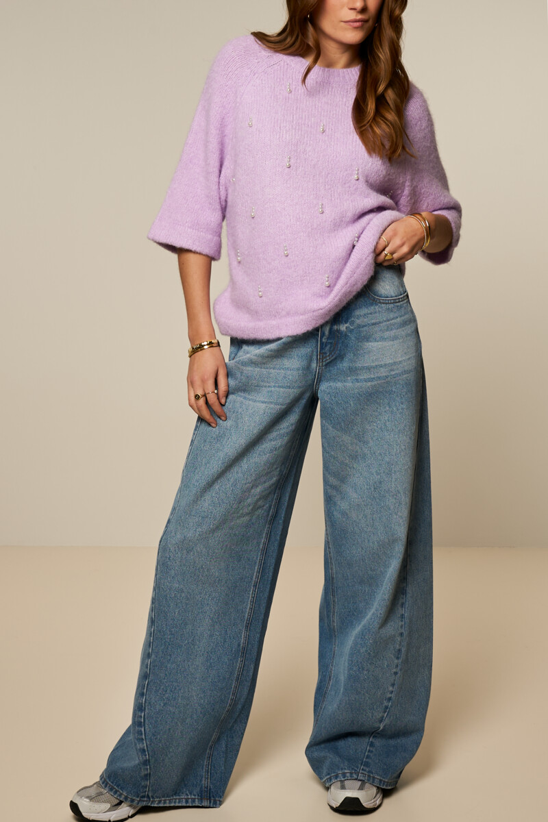 Blue wide leg jeans with asymmetric hem | My Jewellery