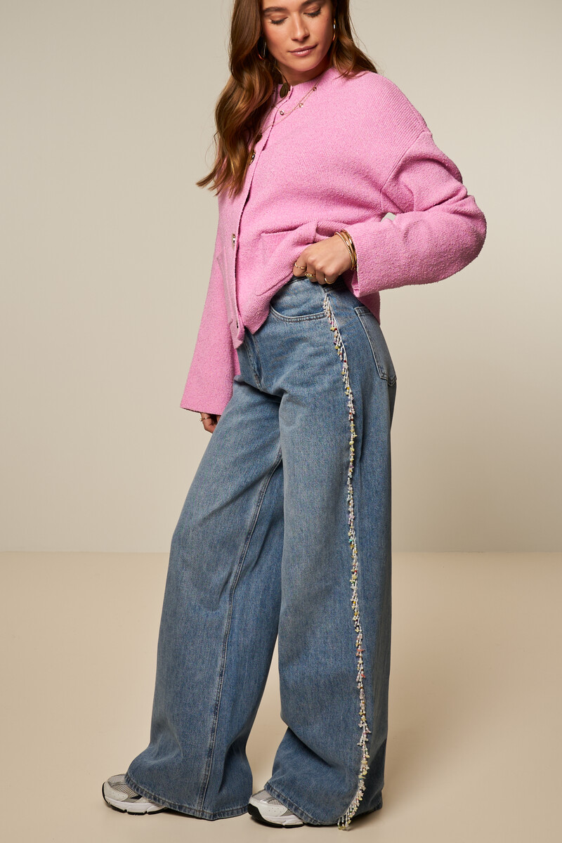 Blue wide leg jeans with beaded fringes | My Jewellery