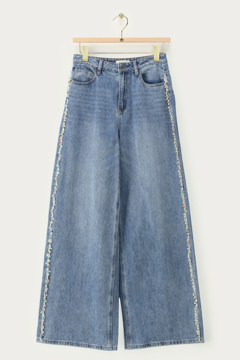 Blue wide leg jeans with beaded fringes | My Jewellery