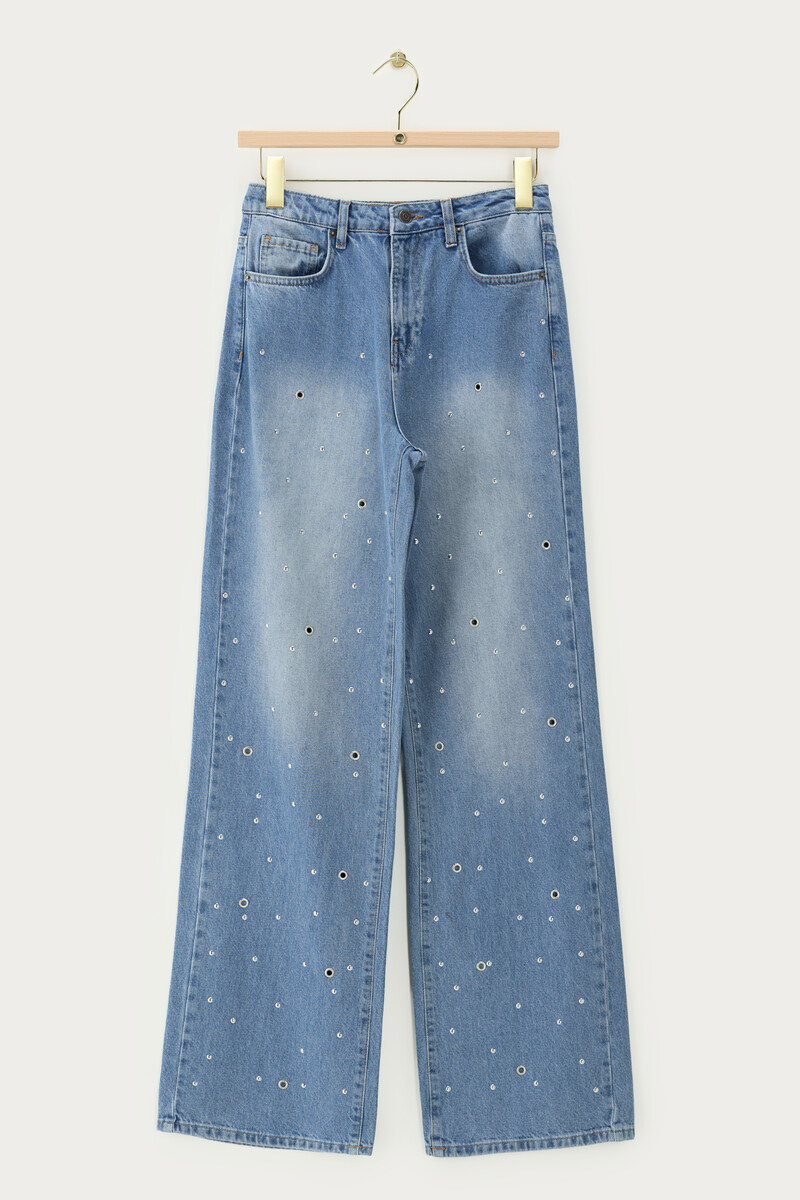 Blue wide leg jeans with eyelets & studs | My Jewellery