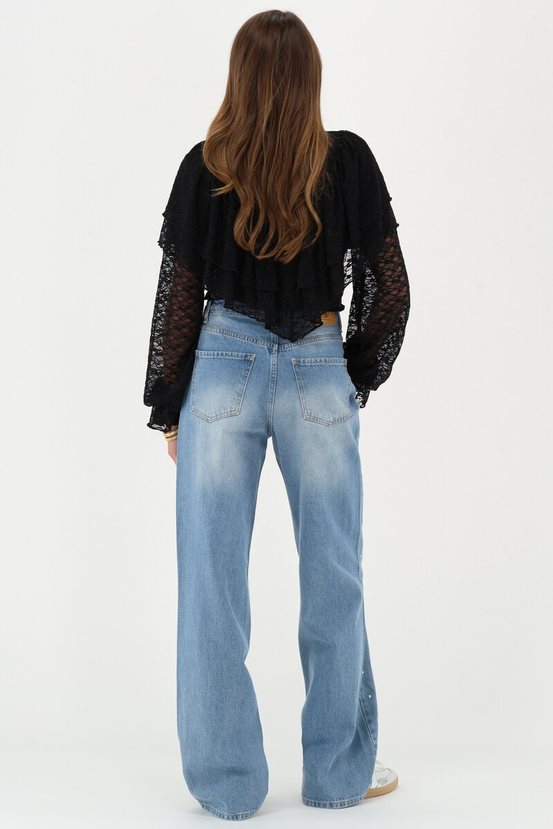 Blue wide leg jeans with eyelets & studs | My Jewellery
