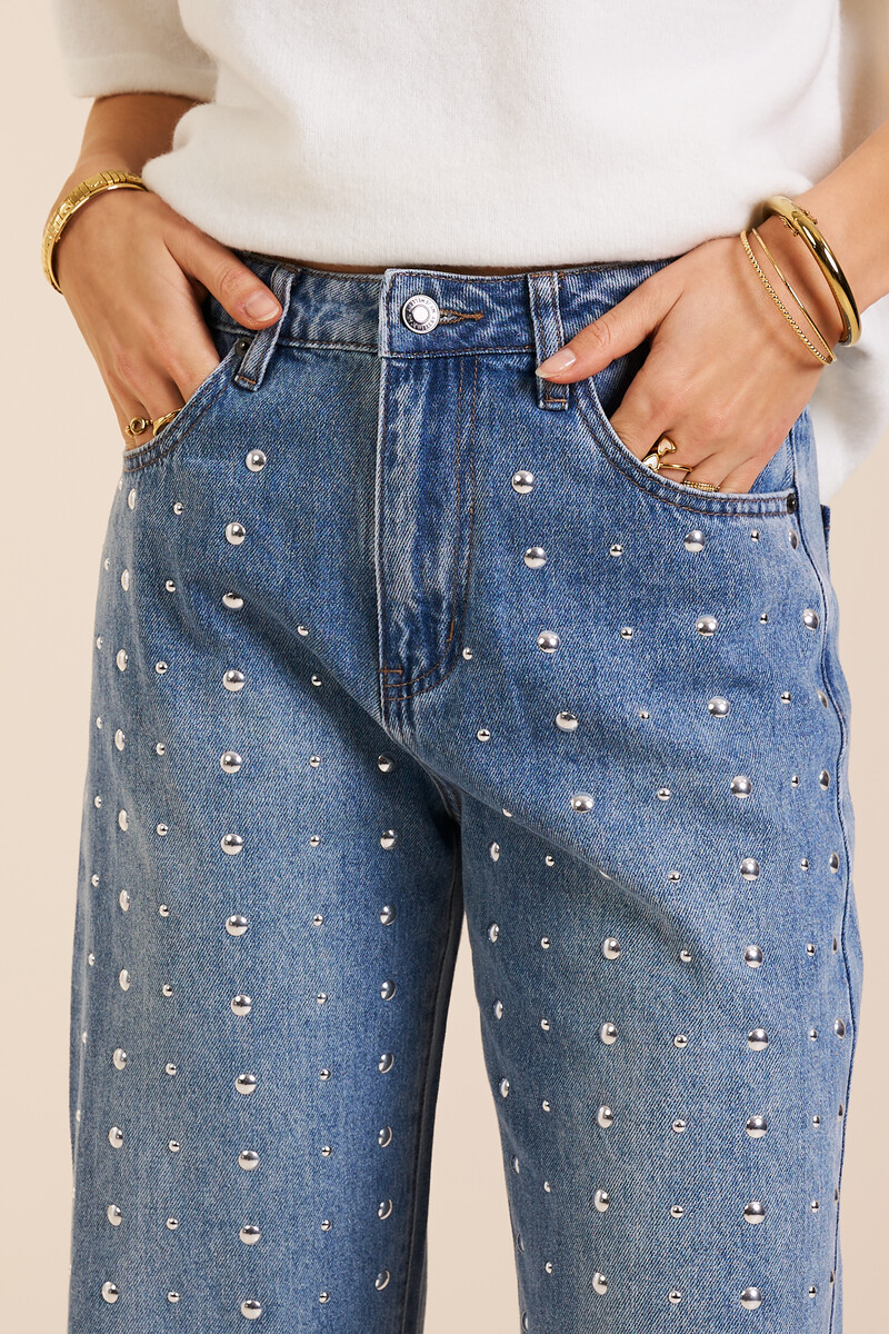Blue wide leg jeans with silver studs | My Jewellery
